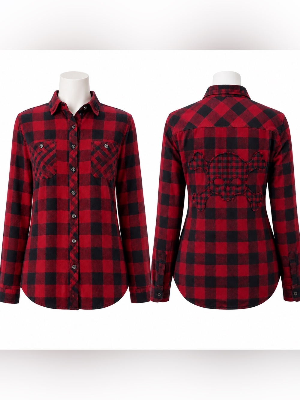 Hot Topic Red/Black Long Sleeve Flannel With Skull Design Button Up- M